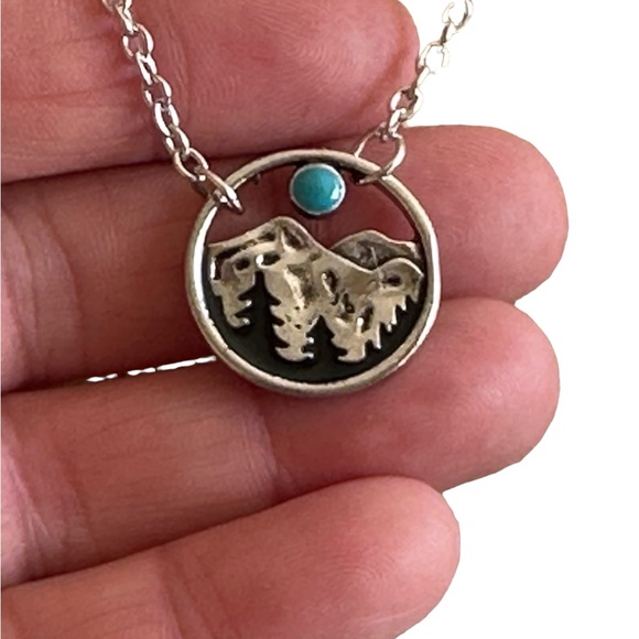 Mountain Tree Scene Silver Pendant Necklace - Picture 4 of 6